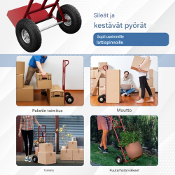 Punainen monikäyttöinen nokkakärry P-kahvalla ja taitettavalla alustalla