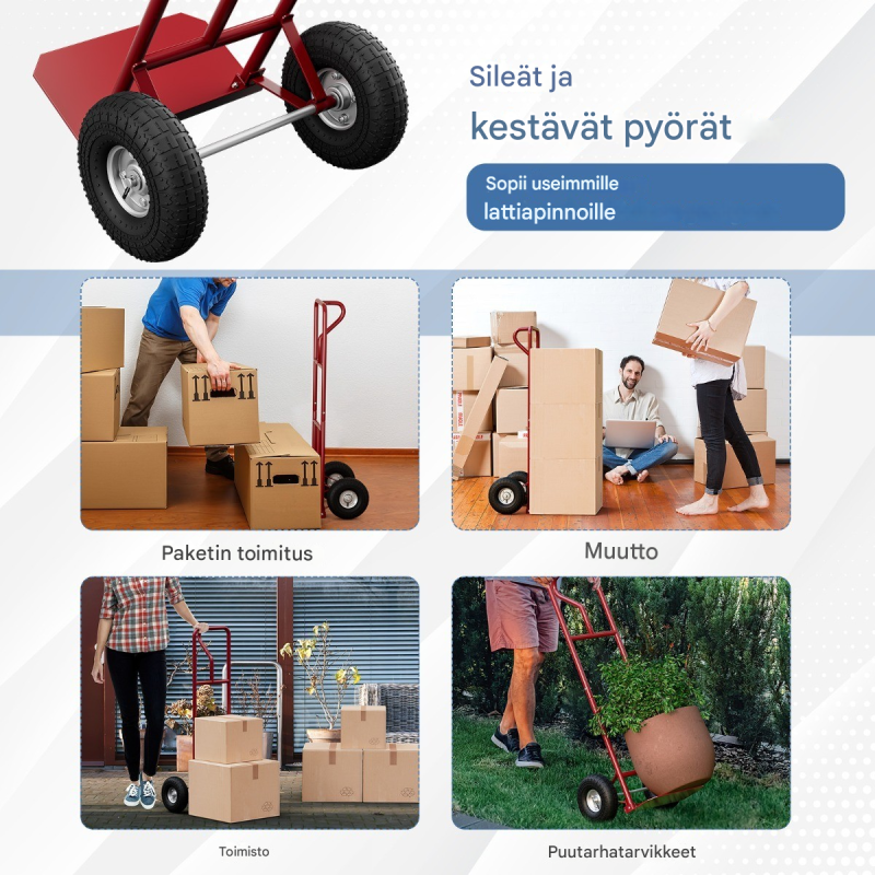 Punainen monikäyttöinen nokkakärry P-kahvalla ja taitettavalla alustalla