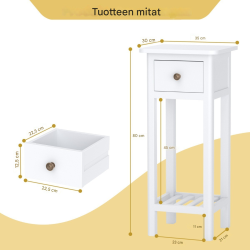 Valkoinen monikäyttöinen lisäpöytä laatikolla ja hyllyllä