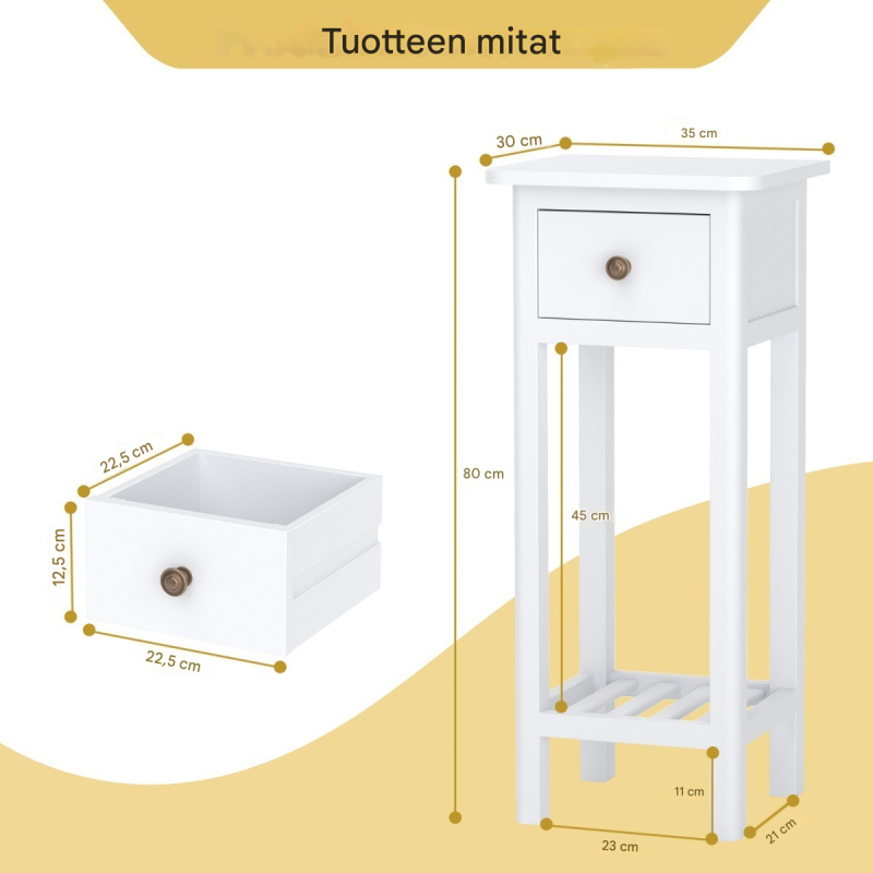 Valkoinen monikäyttöinen lisäpöytä laatikolla ja hyllyllä