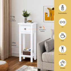 Valkoinen monikäyttöinen lisäpöytä laatikolla ja hyllyllä