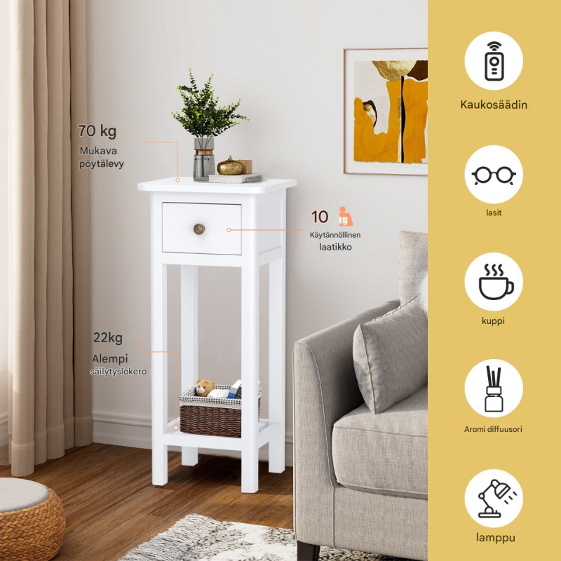 Valkoinen monikäyttöinen lisäpöytä laatikolla ja hyllyllä