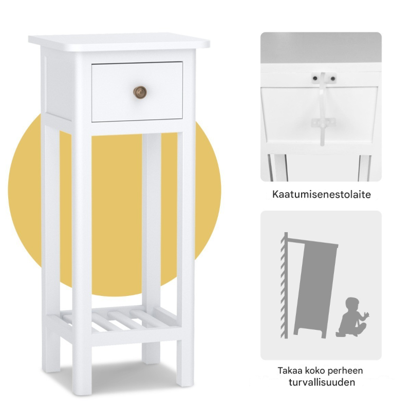 Valkoinen monikäyttöinen lisäpöytä laatikolla ja hyllyllä