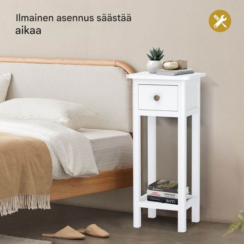 Musta monikäyttöinen lisäpöytä laatikolla ja hyllyllä