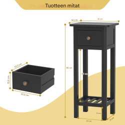 Musta monikäyttöinen lisäpöytä laatikolla ja hyllyllä