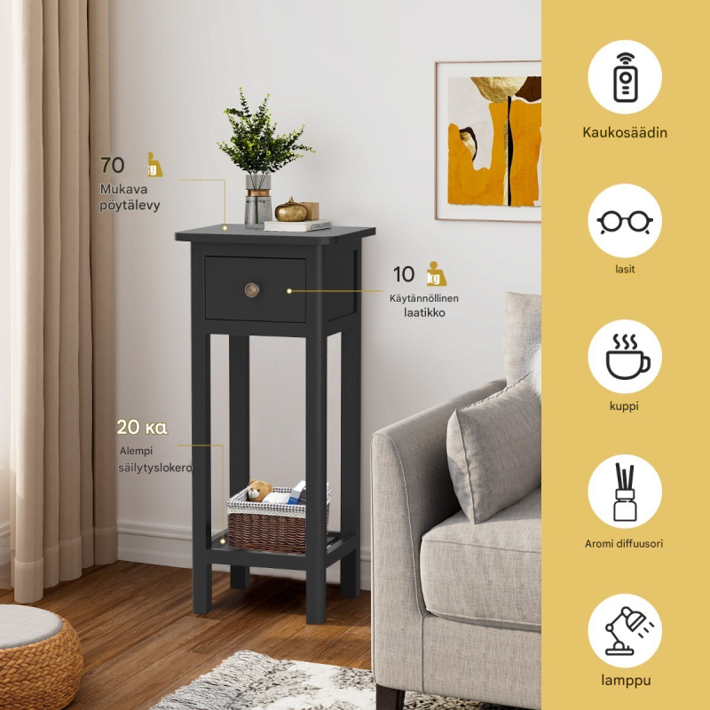 Musta monikäyttöinen lisäpöytä laatikolla ja hyllyllä