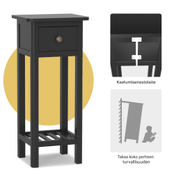 Musta monikäyttöinen lisäpöytä laatikolla ja hyllyllä
