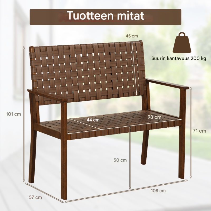 Säänkestävä puutarhapenkki käsinojilla ja selkänojalla, ruskea