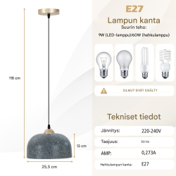 Moderni harmaa kattovalaisin säädettävällä ripustuskaapelilla