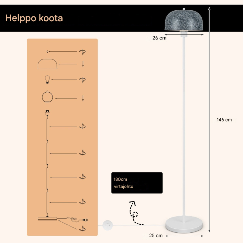 Harmaa stehlamppu jalkakytkimellä ja E27-kannalla