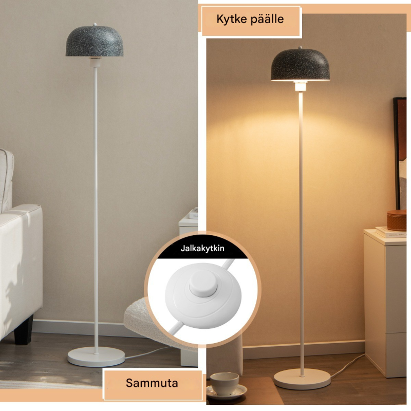 Harmaa stehlamppu jalkakytkimellä ja E27-kannalla
