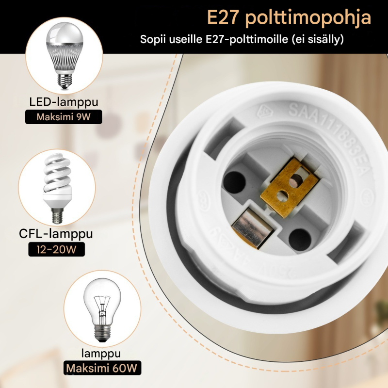 Harmaa stehlamppu jalkakytkimellä ja E27-kannalla