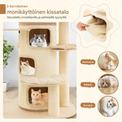 Monipuolinen beige raapimispuu kissoille kolmikerroksisella talolla