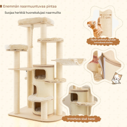 Monipuolinen beige raapimispuu kissoille kolmikerroksisella talolla