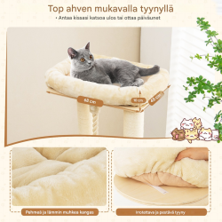 Monipuolinen beige raapimispuu kissoille kolmikerroksisella talolla