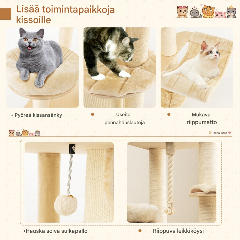 Monipuolinen beige raapimispuu kissoille kolmikerroksisella talolla