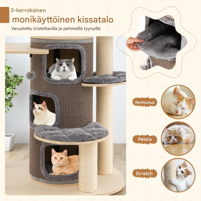 Monipuolinen harmaa kissan kiipeilypuu raapimapylväillä ja talolla