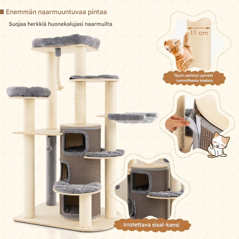 Monipuolinen harmaa kissan kiipeilypuu raapimapylväillä ja talolla