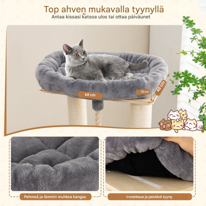 Monipuolinen harmaa kissan kiipeilypuu raapimapylväillä ja talolla