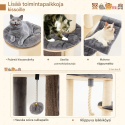 Monipuolinen harmaa kissan kiipeilypuu raapimapylväillä ja talolla