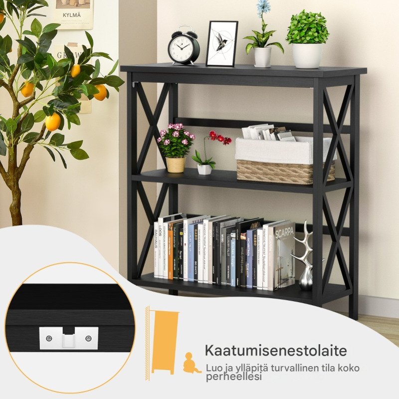 Musta puinen konsolipöytä kaatumisenestolla ja säilytystilalla