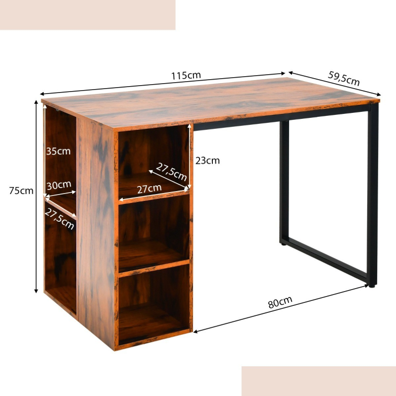 Moderni työpöytä metallirungolla ja viidellä hyllyllä rustiikkiruskea