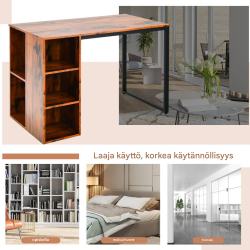 Moderni työpöytä metallirungolla ja viidellä hyllyllä rustiikkiruskea