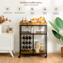 Rustiikkinen keittiövaunu pyörillä ja viinipullotelineellä