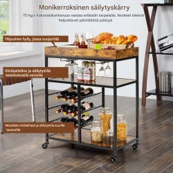 Rustiikkinen keittiövaunu pyörillä ja viinipullotelineellä