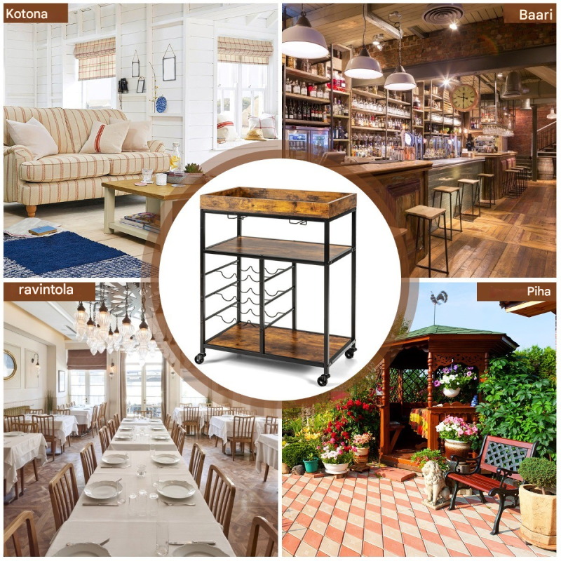 Rustiikkinen keittiövaunu pyörillä ja viinipullotelineellä