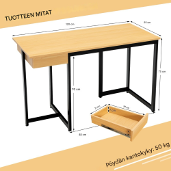 Pitkä tietokonepöytä laatikolla ja säädettävillä jaloilla, luonnonväri