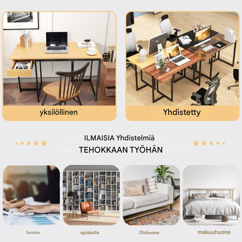 Pitkä tietokonepöytä laatikolla ja säädettävillä jaloilla, luonnonväri