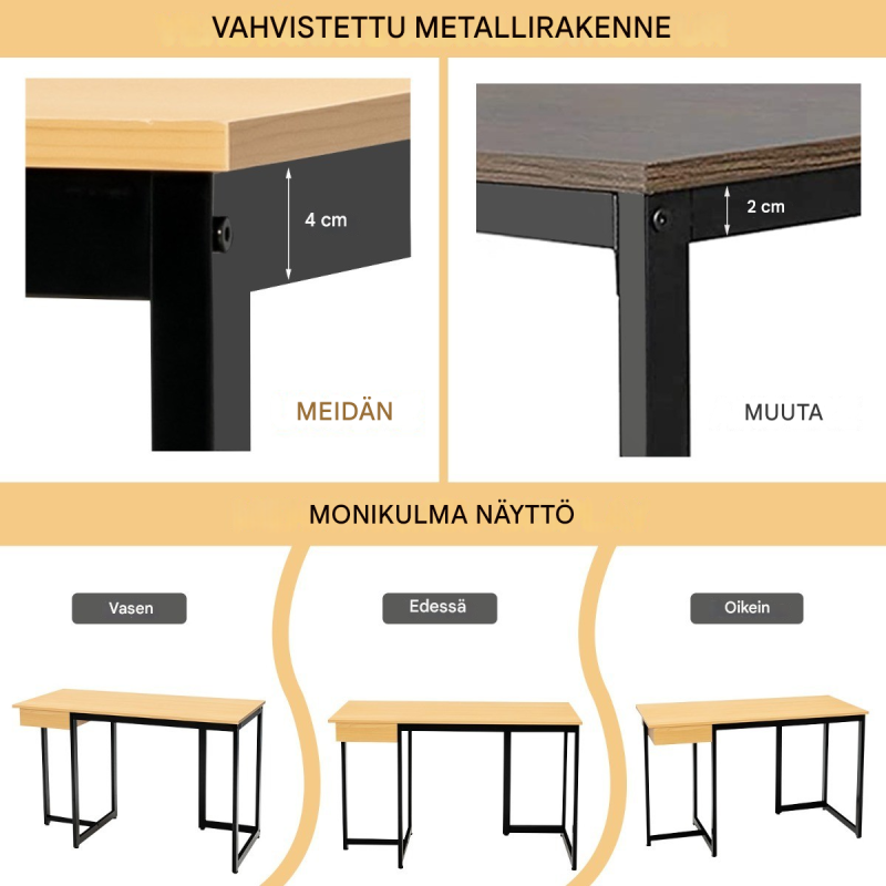 Pitkä tietokonepöytä laatikolla ja säädettävillä jaloilla, luonnonväri