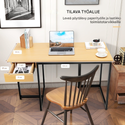 Pitkä tietokonepöytä laatikolla ja säädettävillä jaloilla, luonnonväri