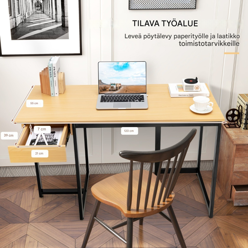 Pitkä tietokonepöytä laatikolla ja säädettävillä jaloilla, luonnonväri