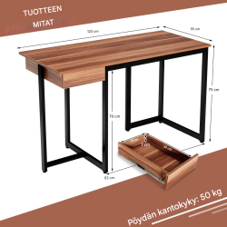 Pitkä tietokonepöytä laatikolla ja säädettävillä jaloilla, pähkinäpuu