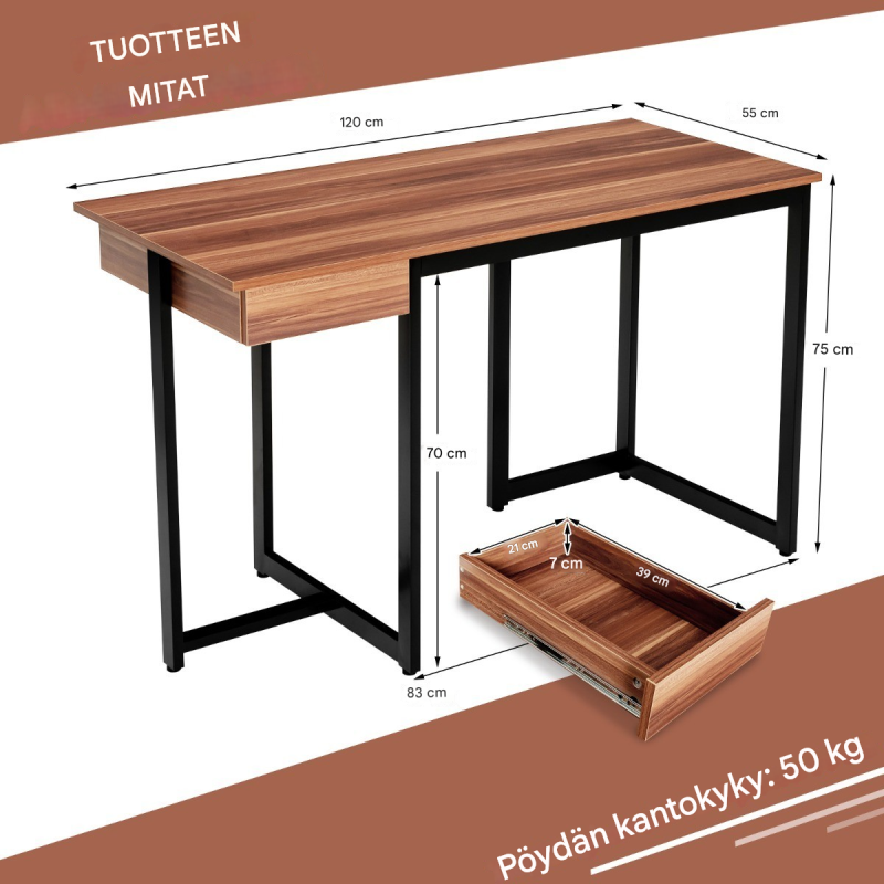 Pitkä tietokonepöytä laatikolla ja säädettävillä jaloilla, pähkinäpuu