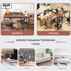 Pitkä tietokonepöytä laatikolla ja säädettävillä jaloilla, pähkinäpuu