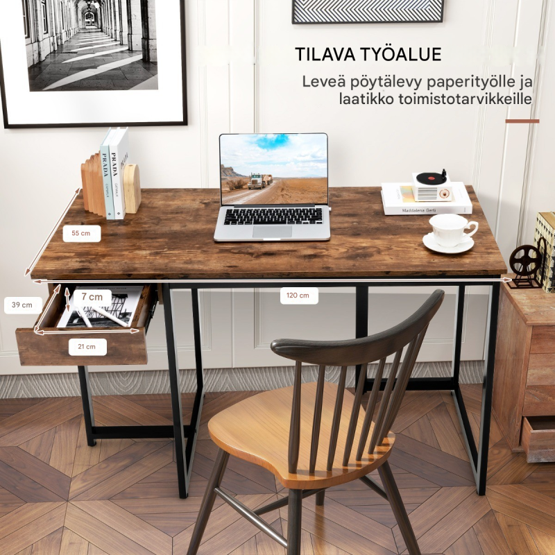 Rustiikkinen ruskea tietokonepöytä laatikolla ja säädettävillä jaloilla