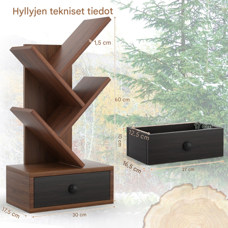5-tasoinen puun muotoinen kirjahylly laatikolla ruskea 5-tasoinen puun muotoinen kirjahylly laatikolla ruskea
