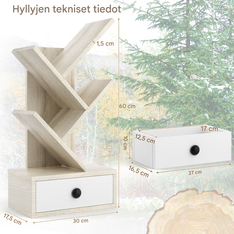 5-tasoinen puun muotoinen kirjahylly laatikolla beige 5-tasoinen puun muotoinen kirjahylly laatikolla beige