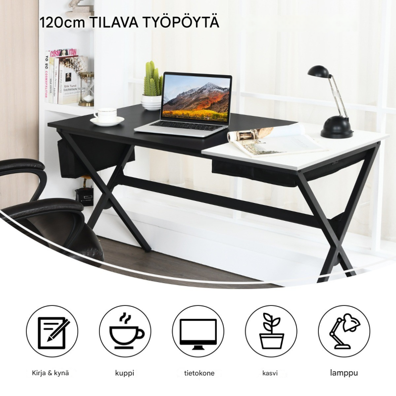 Tyylikäs mustavalkoinen työpöytä säilytystilalla ja kestävä rakenne