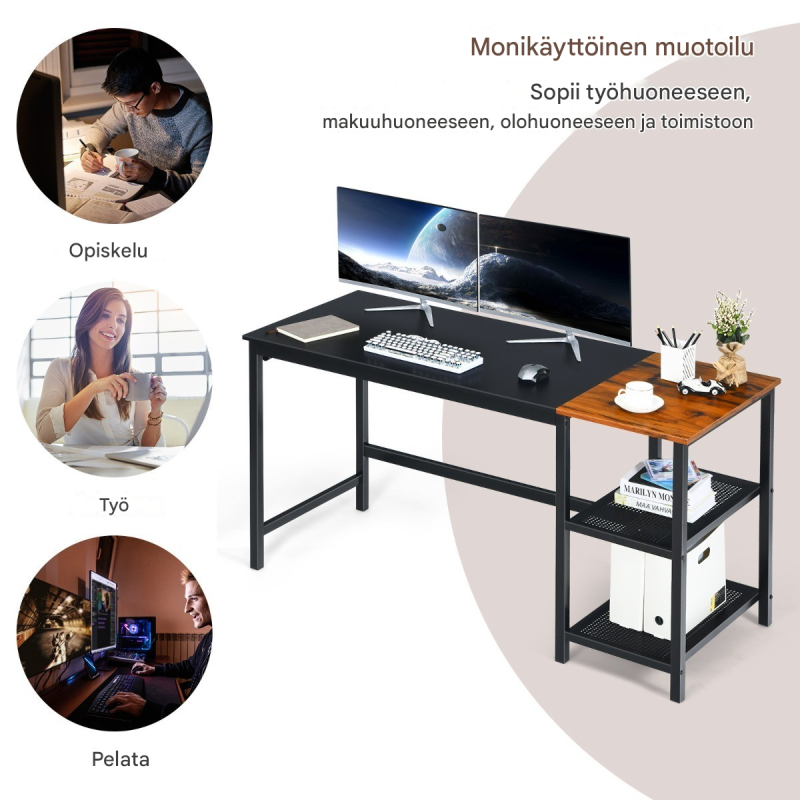 Monipuolinen musta työpöytä säädettävillä jaloilla ja hyllyillä