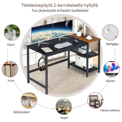 Monipuolinen musta työpöytä säädettävillä jaloilla ja hyllyillä