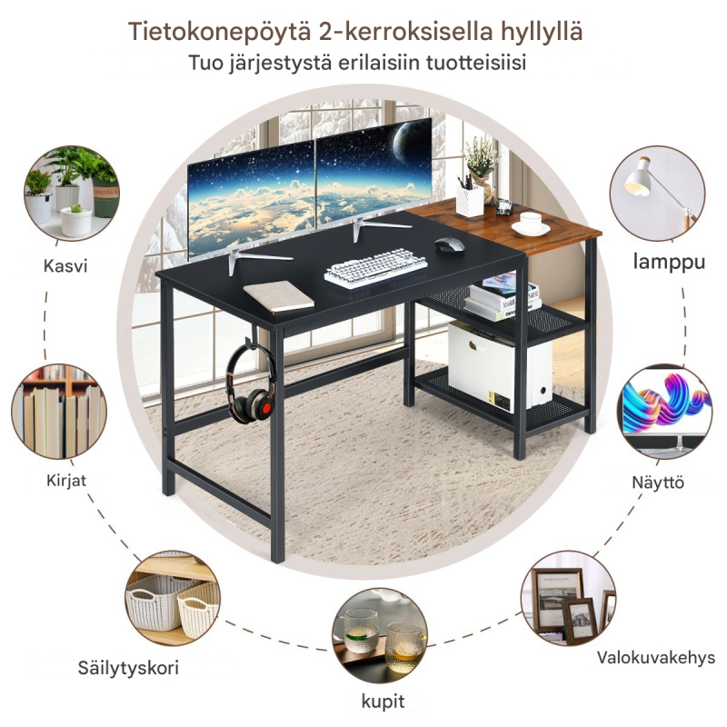 Monipuolinen musta työpöytä säädettävillä jaloilla ja hyllyillä