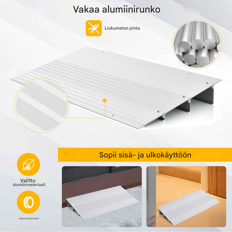 Säädettävä 2 - 8 cm korkea alumiiniramppi kynnysten ylitykseen, liukumaton hopea
