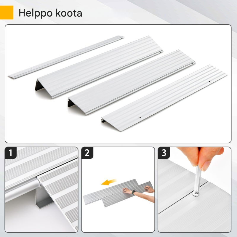 Säädettävä 2 - 8 cm korkea alumiiniramppi kynnysten ylitykseen, liukumaton hopea