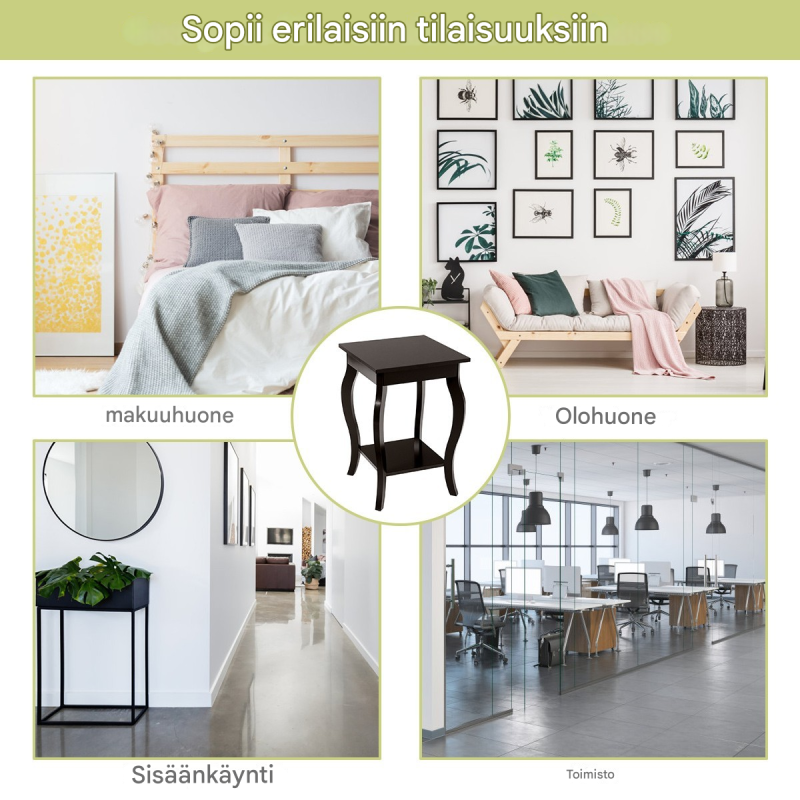 Kaksi ruskeaa eleganttia sivupöytää olohuoneeseen ja makuuhuoneeseen