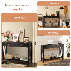 Musta monikäyttöinen konsolipöytä laatikolla ja avohyllyllä