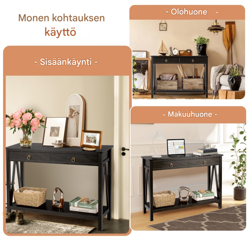 Musta monikäyttöinen konsolipöytä laatikolla ja avohyllyllä
